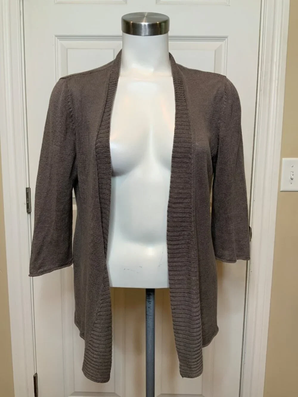 Eileen Fisher Gray Linen Thin Knit Open Front Cardigan, Size S